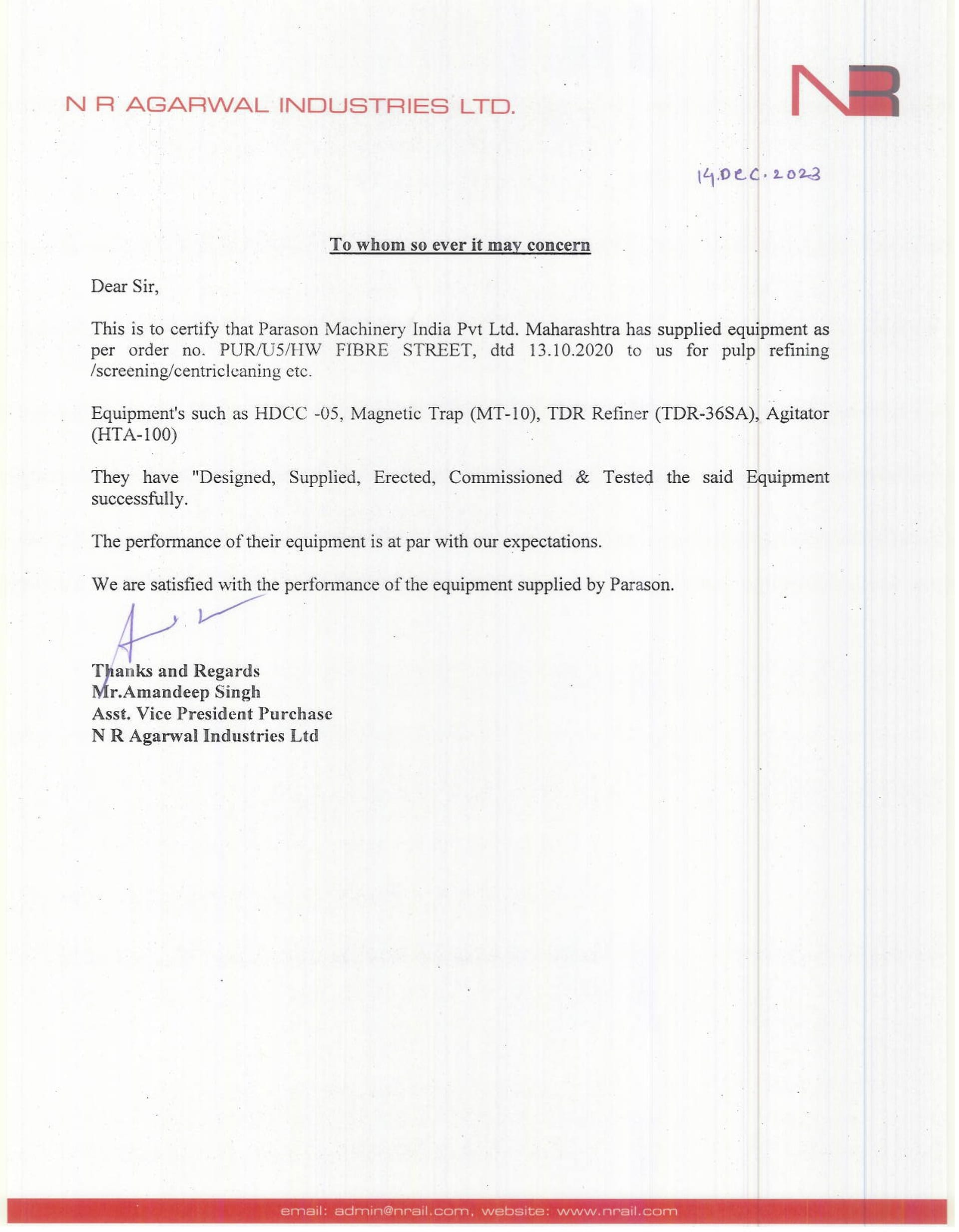 NR Agarwal Industries appreciation letter